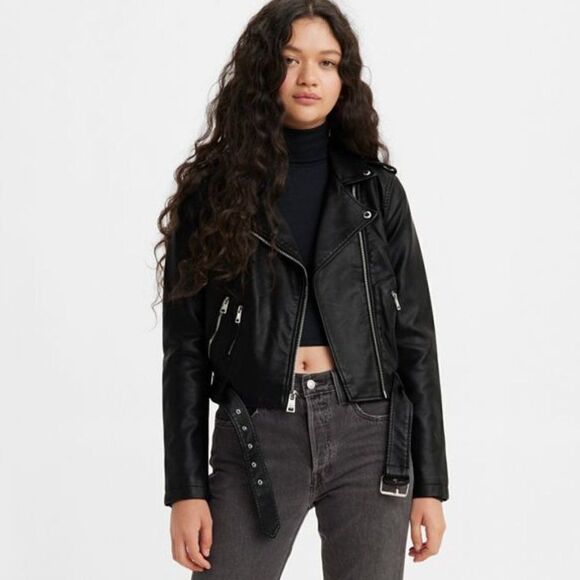 NWT Levi's Black Faux Vegan Leather Motto Silver Hardware Jacket Size XS - Picture 1 of 12